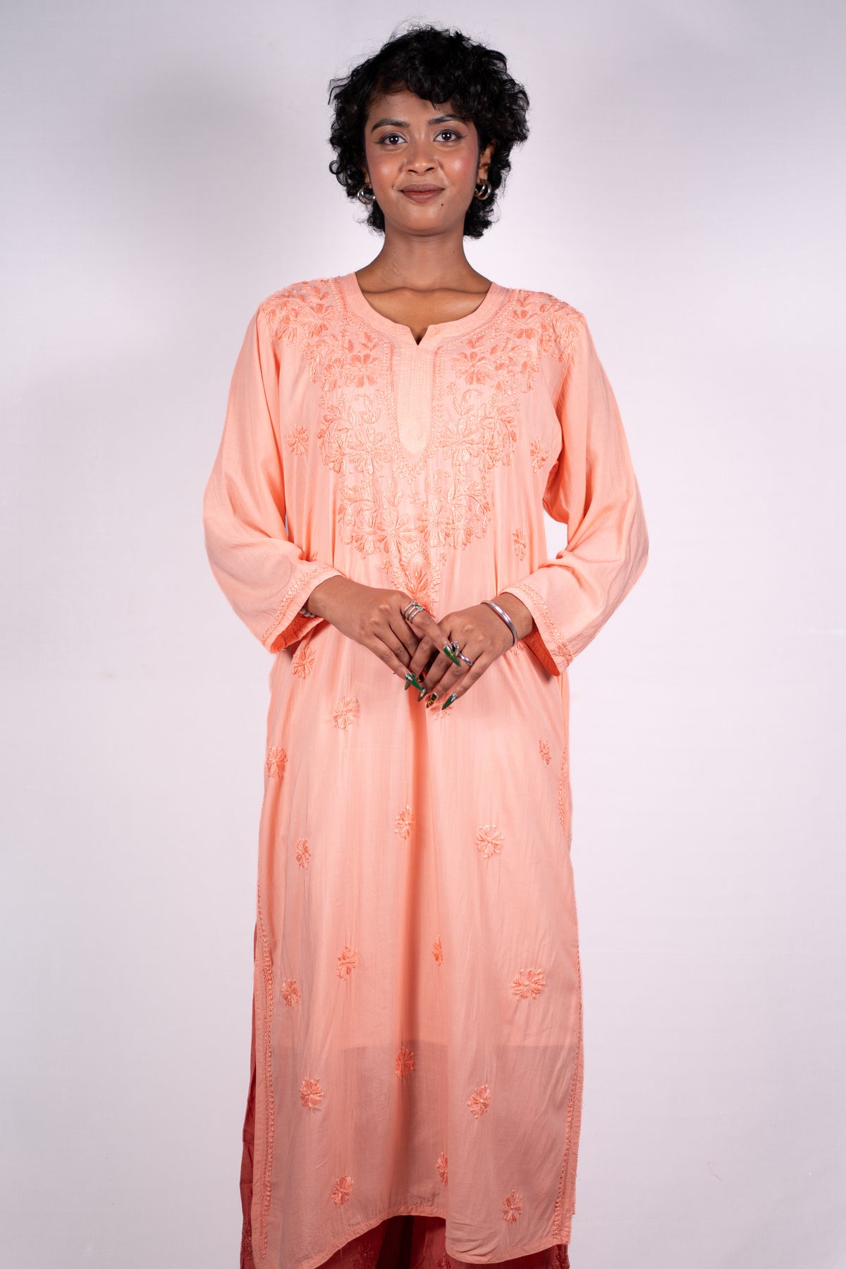 Premium Light Modal Chikankari Peach kurti