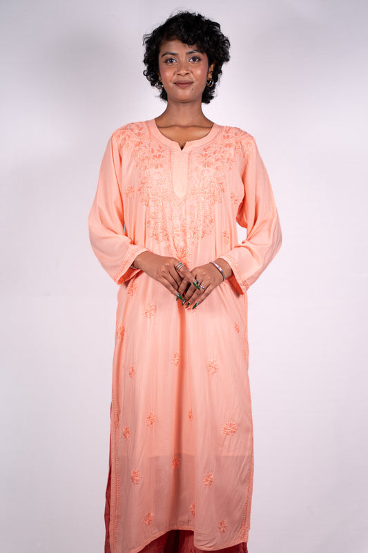 Premium Light Modal Chikankari Peach kurti